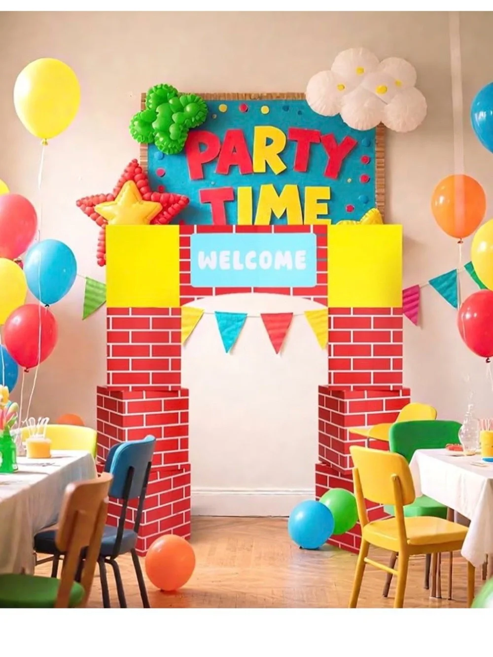 Red Brick Castle Arch Party Backdrop with Yellow Welcome Panel. Never opened